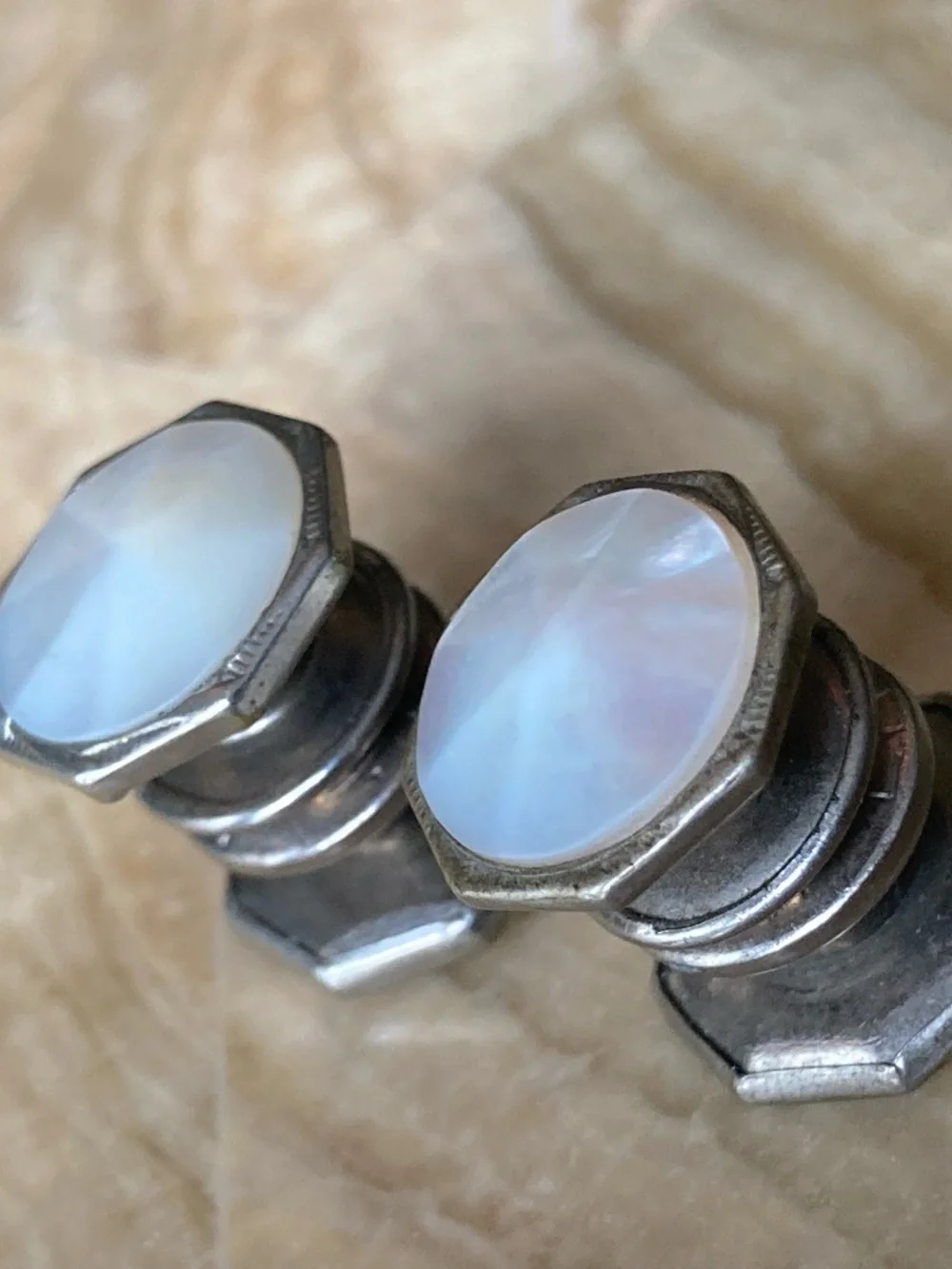 “Antique 1920s Snap Link Mother of Pearl Tuxedo Studs / Cufflink Components